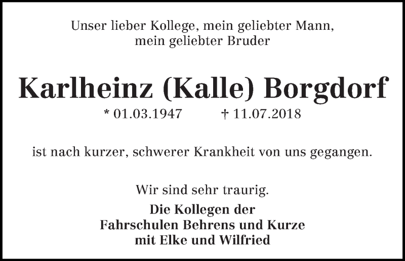 Traueranzeige von Karlheinz (Kalle) Borgdorf von WESER-KURIER