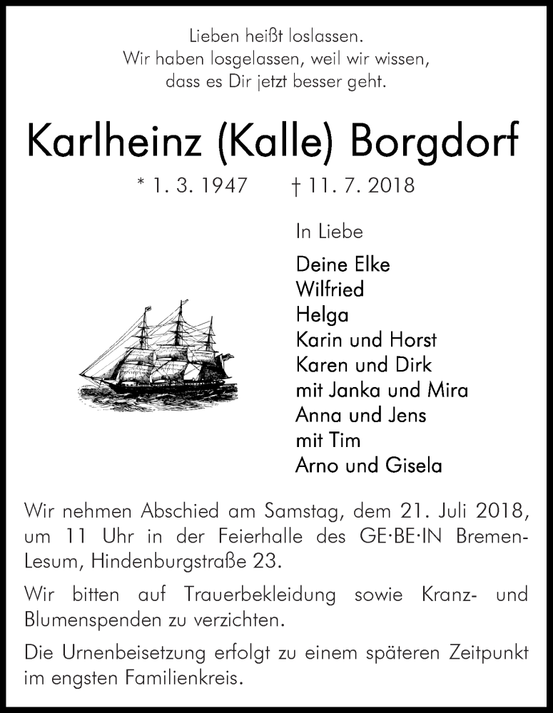 Traueranzeige von Karlheinz (Kalle) Borgdorf von Die Norddeutsche