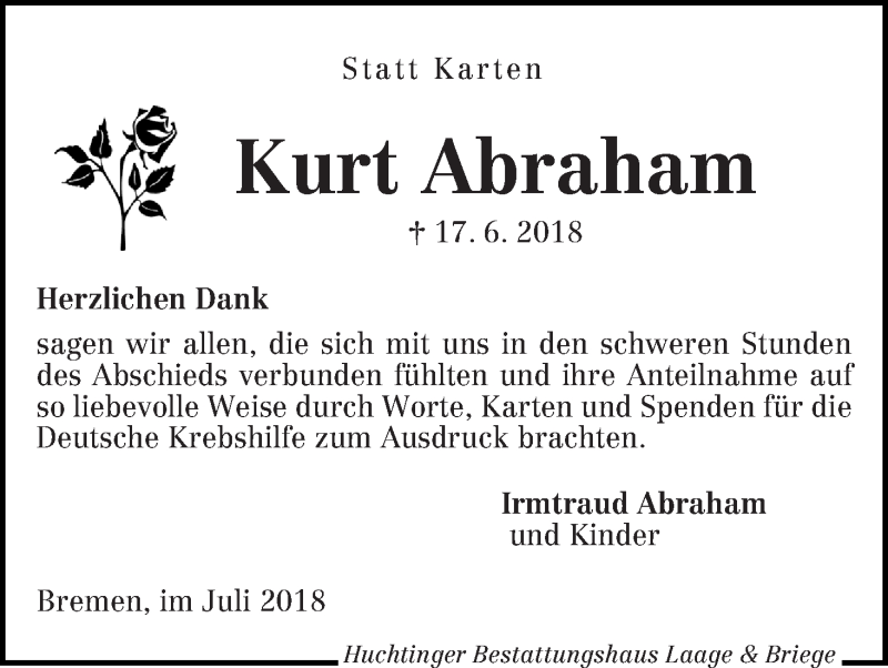 Traueranzeige von Kurt Abraham von WESER-KURIER
