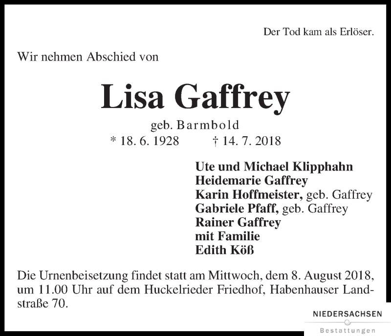 Traueranzeige von Lisa Gaffrey von WESER-KURIER