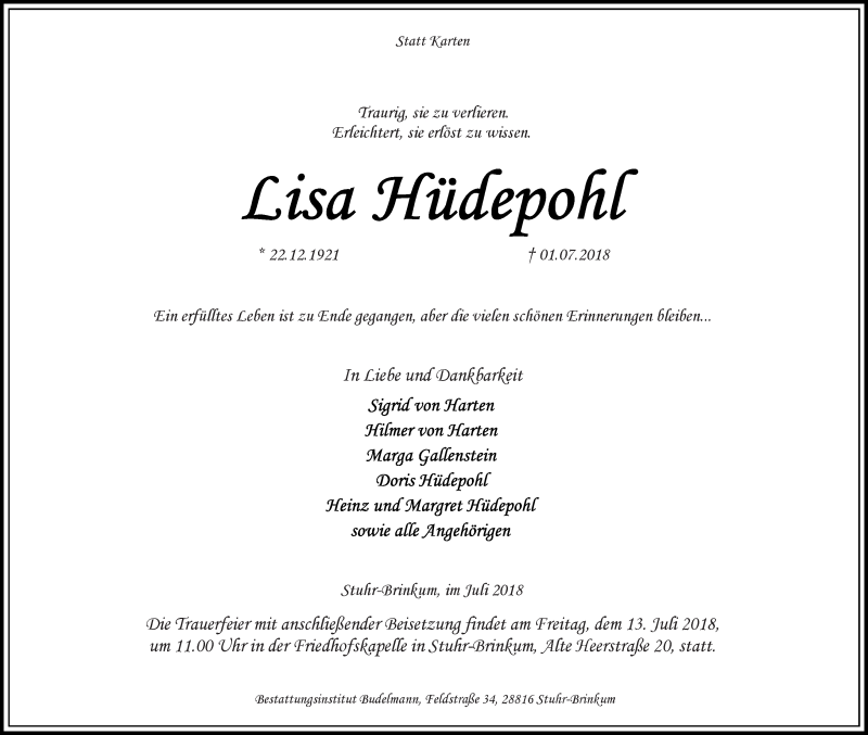 Traueranzeige von Lisa Hüdepohl von WESER-KURIER