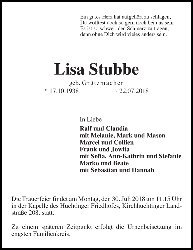 Traueranzeige von Lisa Stubbe von WESER-KURIER