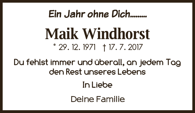 Traueranzeige von Maik Windhorst von WESER-KURIER