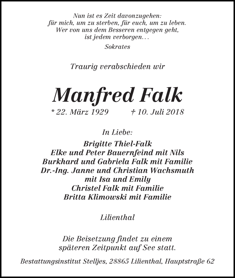 Traueranzeige von Manfred Falk von Wuemme Zeitung