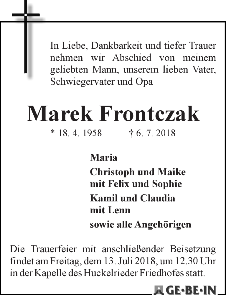 Traueranzeige von Marek Frontczak von WESER-KURIER