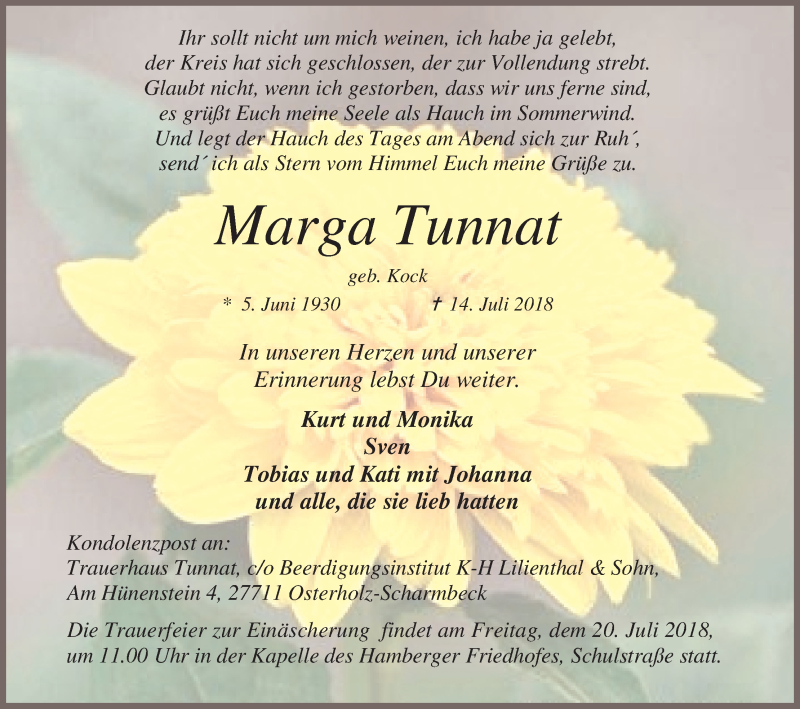 Traueranzeige von Marga Tunnat von Osterholzer Kreisblatt
