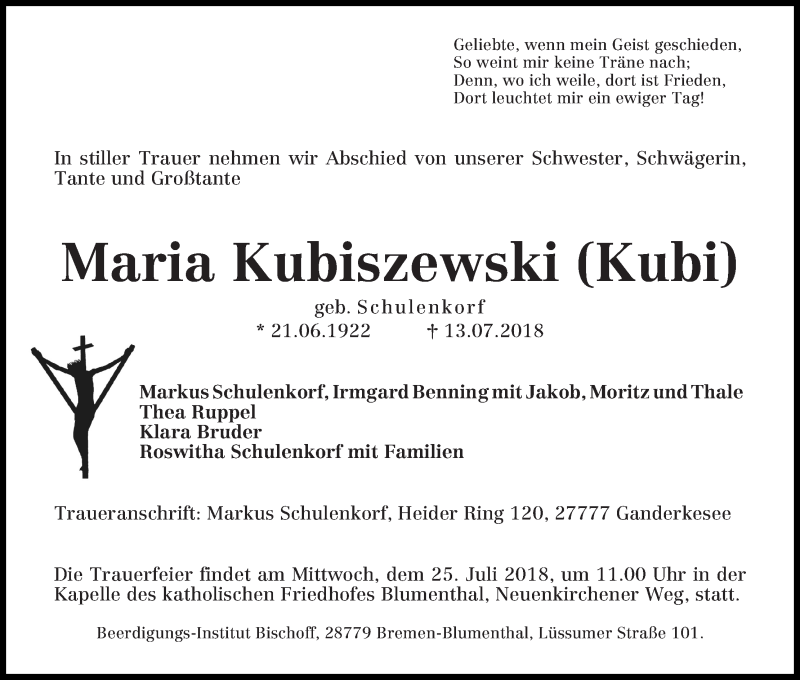 Traueranzeige von Maria Kubiszewski von Die Norddeutsche