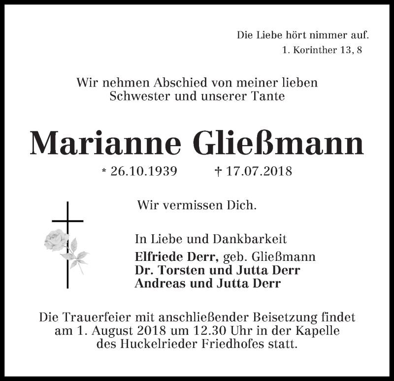 Traueranzeige von Marianne Gließmann von WESER-KURIER