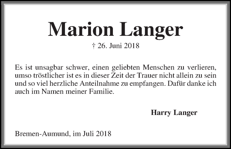 Traueranzeige von Marion Langer von Die Norddeutsche