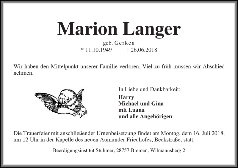 Traueranzeige von Marion Langer von Die Norddeutsche