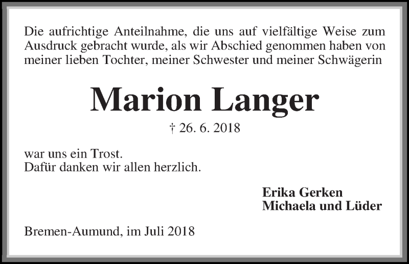 Traueranzeige von Marion Langer von Die Norddeutsche
