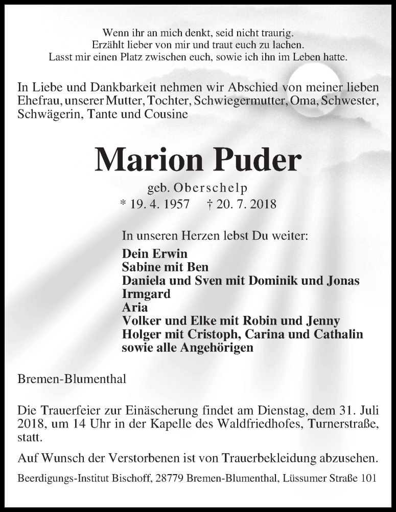 Traueranzeige von Marion Puder von Die Norddeutsche