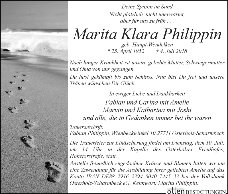 Traueranzeige von Marita Klara Philippin von Osterholzer Kreisblatt