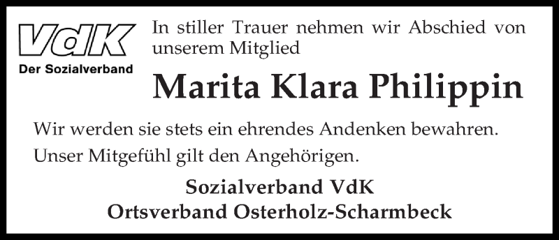 Traueranzeige von Marita Klara Philippin von Osterholzer Kreisblatt