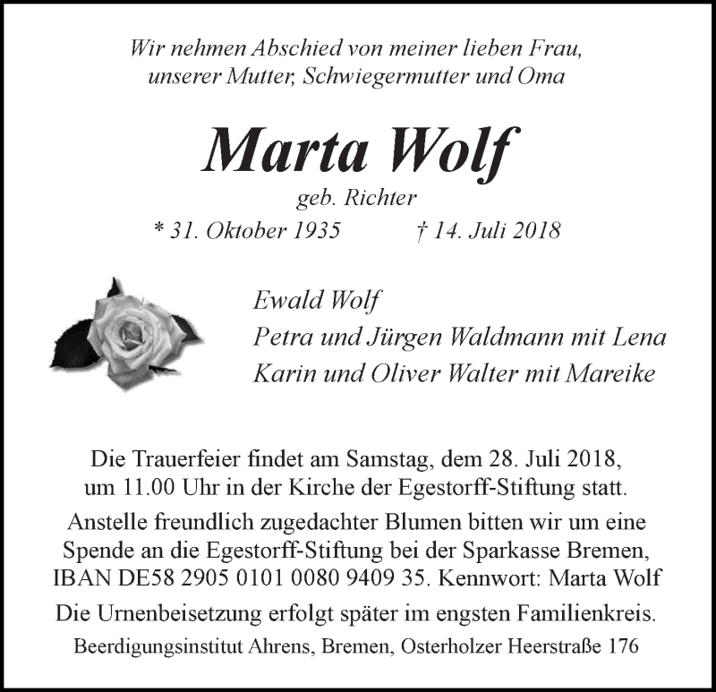 Traueranzeige von Marta Wolf von WESER-KURIER