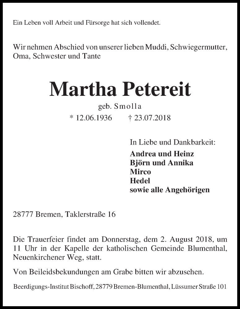 Traueranzeige von Martha Petereit von Die Norddeutsche