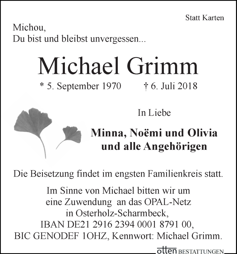 Traueranzeige von Michael Grimm von Osterholzer Kreisblatt