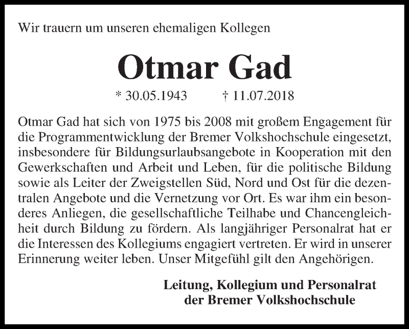 Traueranzeige von Otmar Gad von WESER-KURIER
