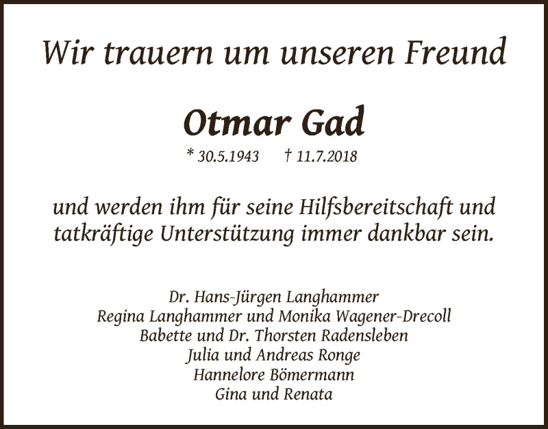 Traueranzeige von Otmar Gad von WESER-KURIER