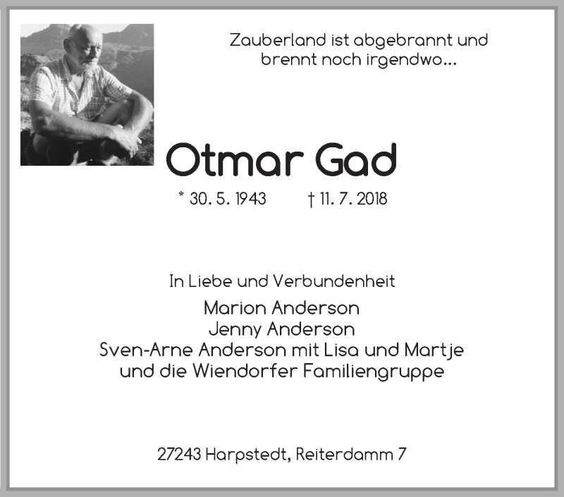 Traueranzeige von Otmar Gad von WESER-KURIER