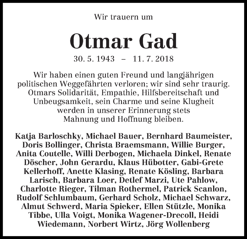 Traueranzeige von Otmar Gad von WESER-KURIER