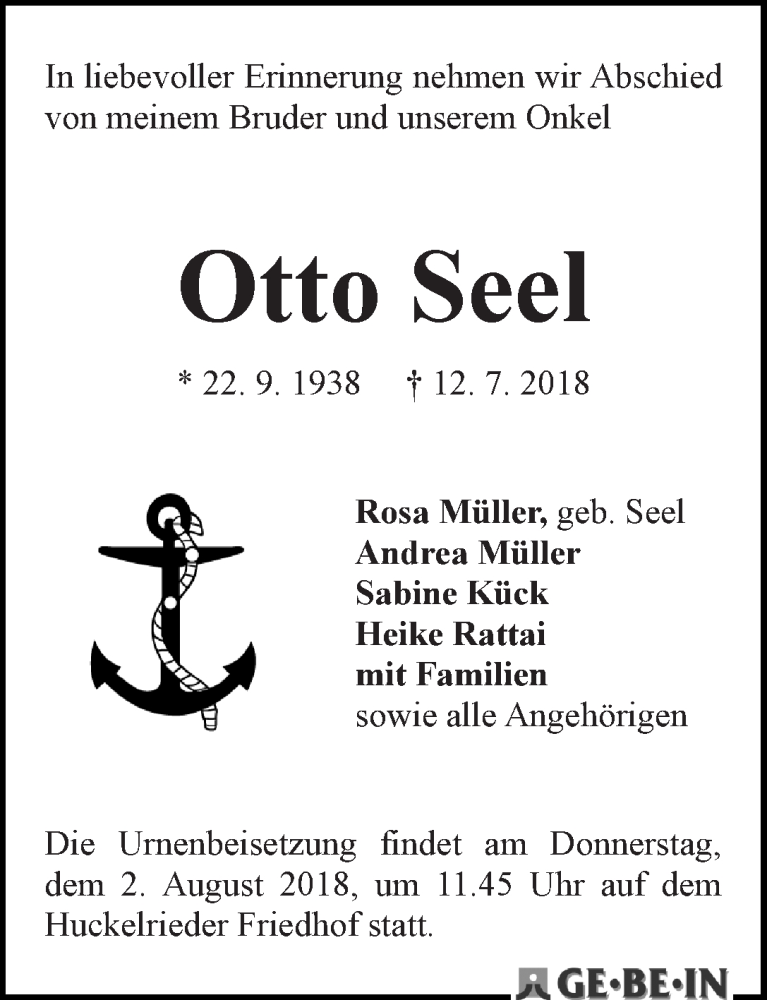 Traueranzeige von Otto Seel von WESER-KURIER