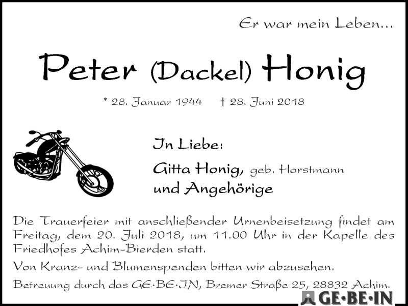 Traueranzeige von Peter (Dackel) Honig von WESER-KURIER