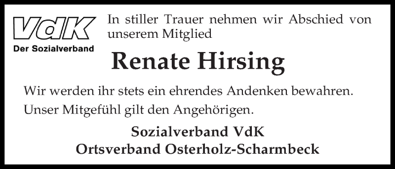 Traueranzeige von Renate Hirsing von Osterholzer Kreisblatt