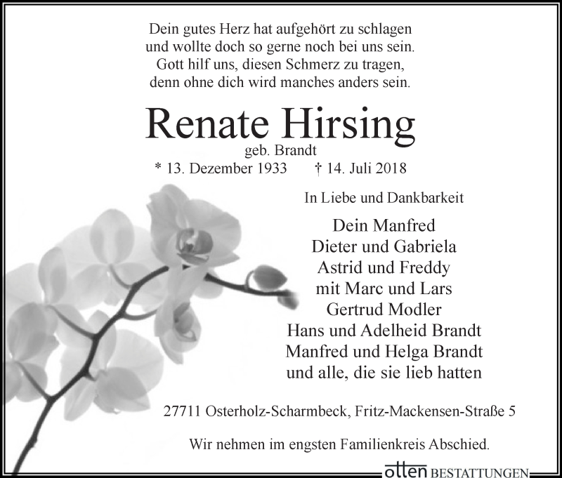 Traueranzeige von Renate Hirsing von Osterholzer Kreisblatt