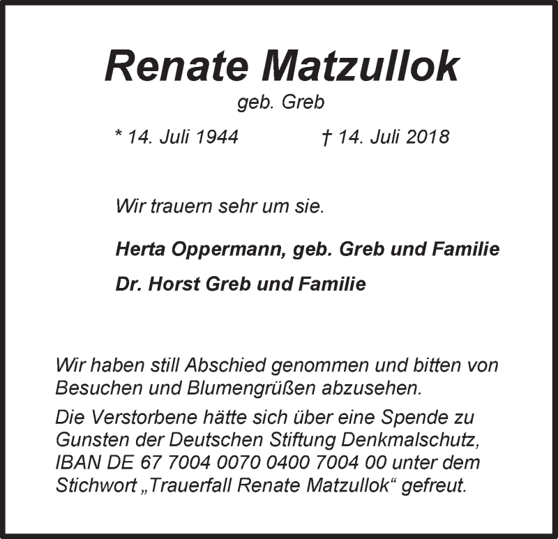 Traueranzeige von Renate Matzullok von WESER-KURIER