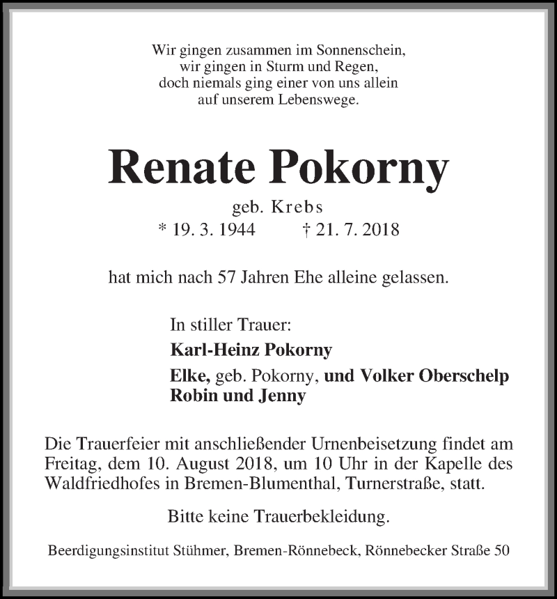 Traueranzeige von Renate Pokorny von Die Norddeutsche