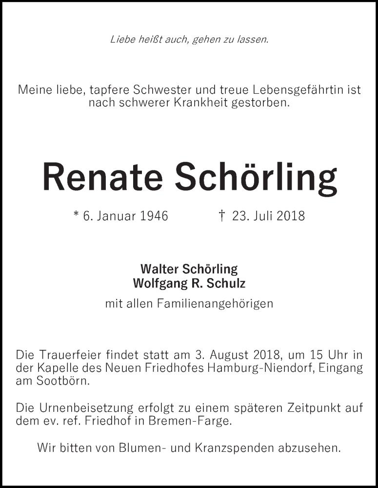 Traueranzeige von Renate Schörling von Die Norddeutsche