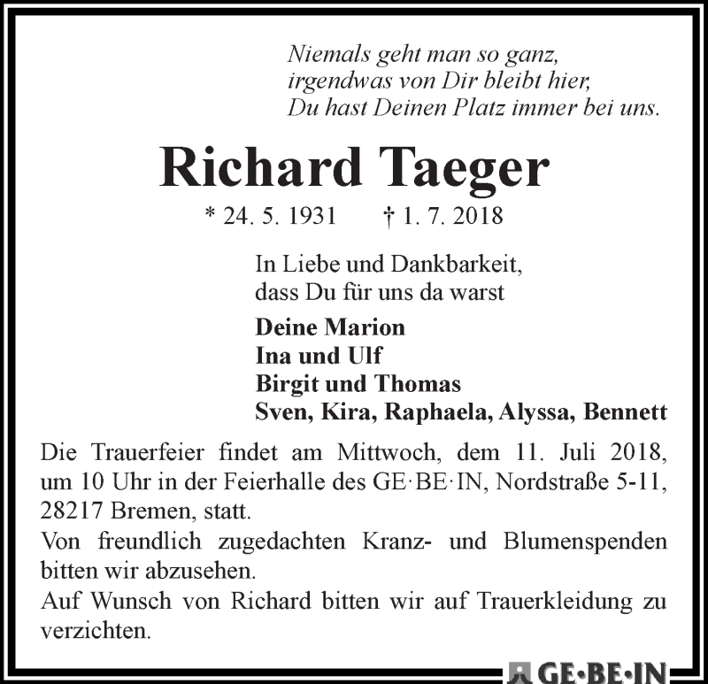 Traueranzeige von Richard Taeger von WESER-KURIER