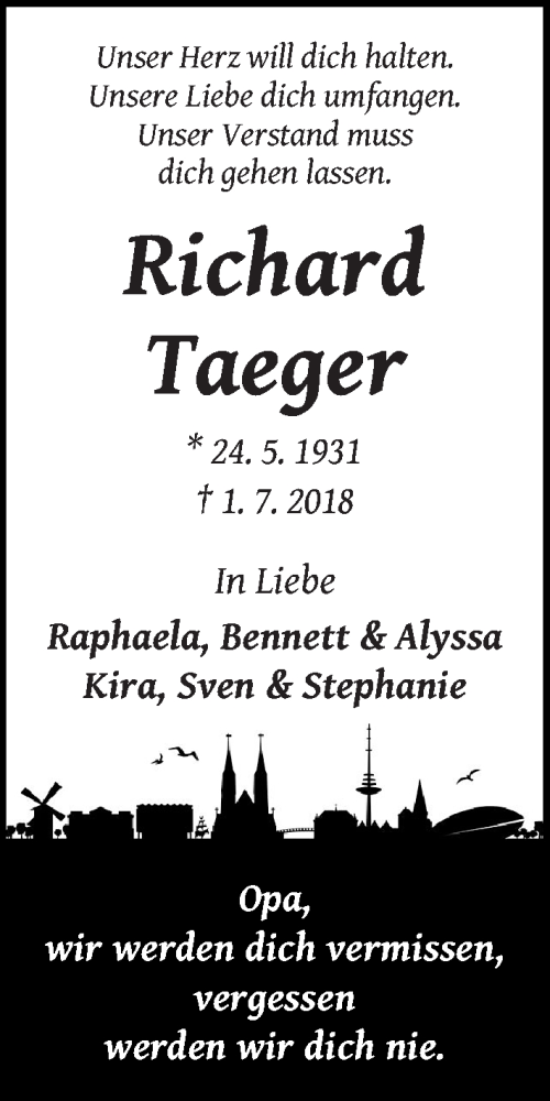 Traueranzeige von Richard Taeger von WESER-KURIER