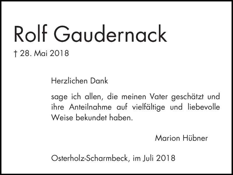 Traueranzeige von Rolf Gaudernack von Osterholzer Kreisblatt