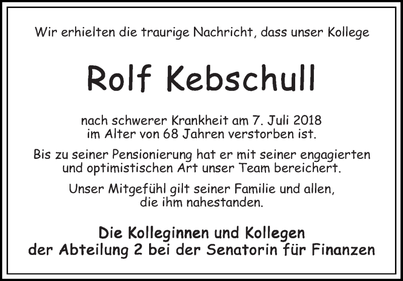 Traueranzeige von Rolf Kebschull von WESER-KURIER