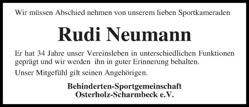 Traueranzeige von Rudi Neumann von Osterholzer Kreisblatt