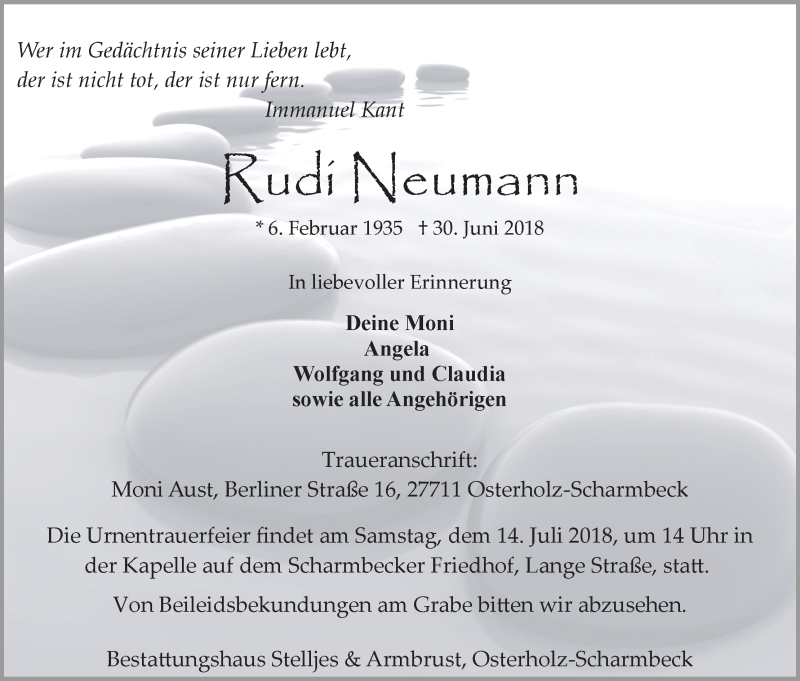 Traueranzeige von Rudi Neumann von Osterholzer Kreisblatt