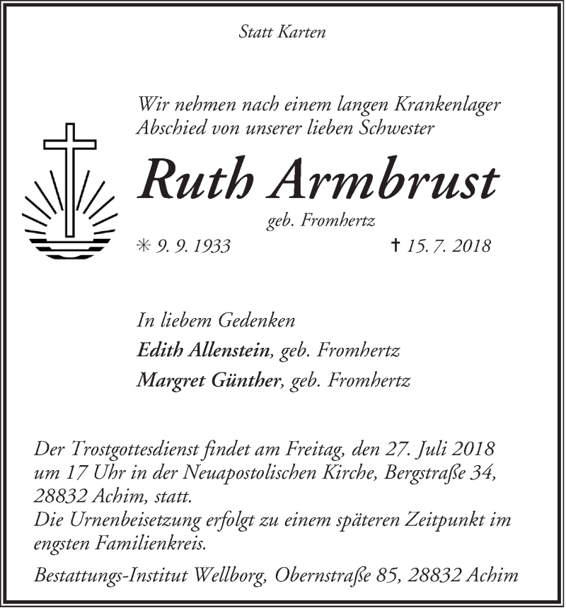 Traueranzeige von Ruth Armbrust von WESER-KURIER