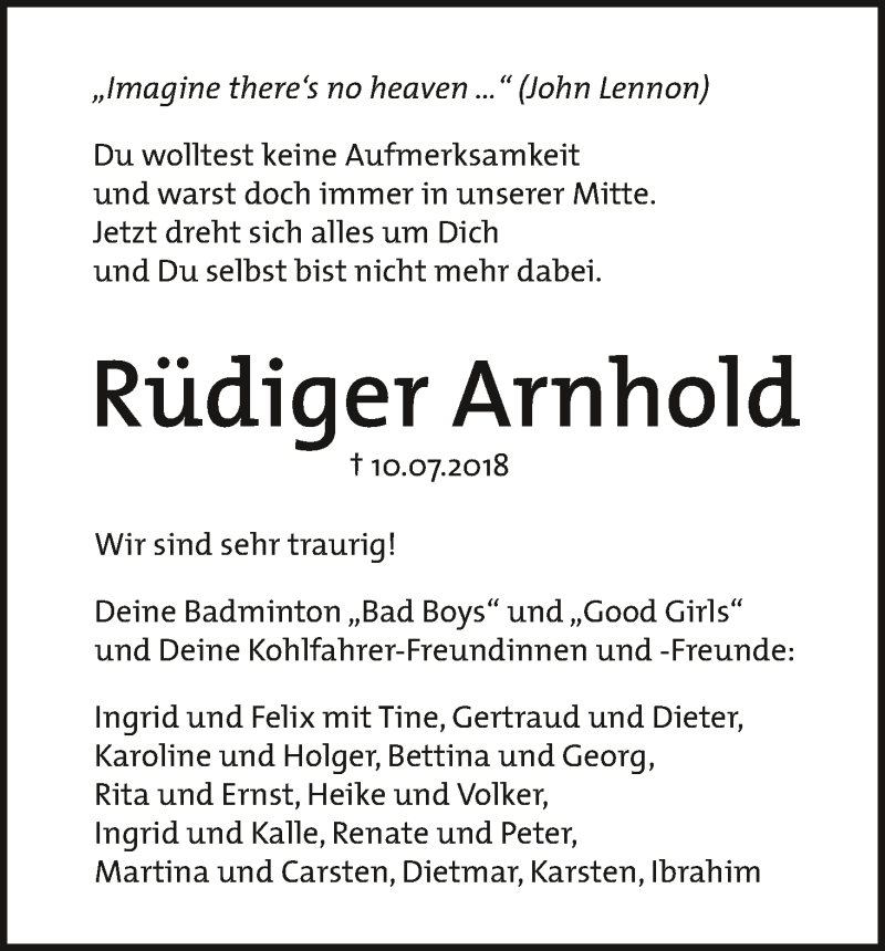 Traueranzeige von Rüdiger Arnhold von Die Norddeutsche