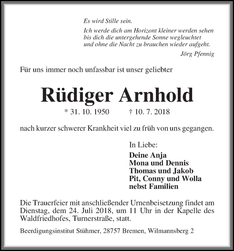 Traueranzeige von Rüdiger Arnhold von Die Norddeutsche