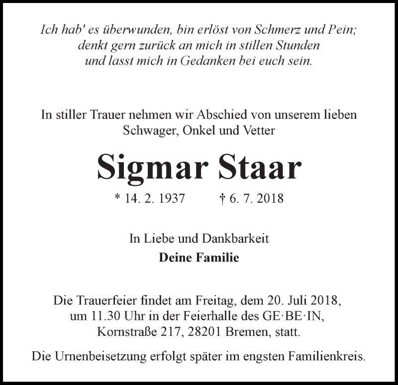 Traueranzeige von Sigmar Staar von WESER-KURIER