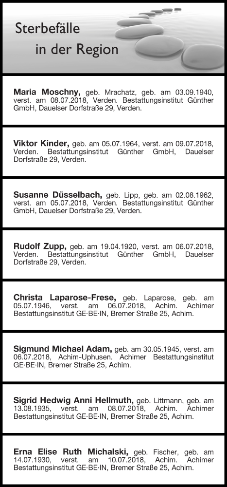 Traueranzeige von Sterbefälle in der Region Ausgabe 14.07.2018 von Achimer Kurier/Verdener Nachrichten