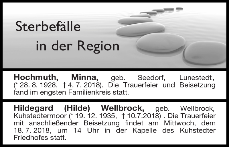 Traueranzeige von Sterbefälle in der Region Ausgabe 14.07.2018 von Osterholzer Kreisblatt