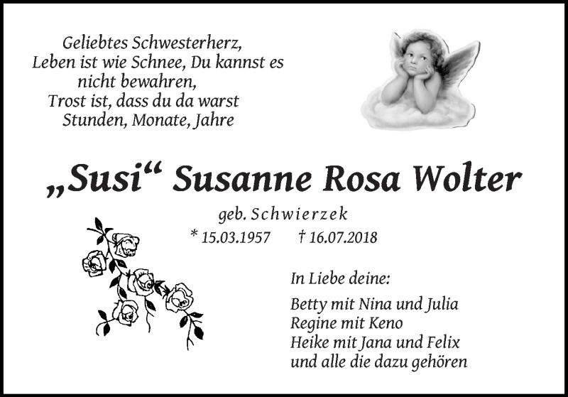 Traueranzeige von Susanne Rosa Wolter von WESER-KURIER
