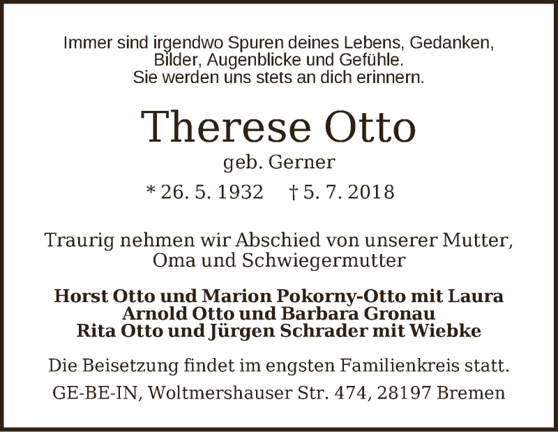 Traueranzeige von Therese Otto von WESER-KURIER
