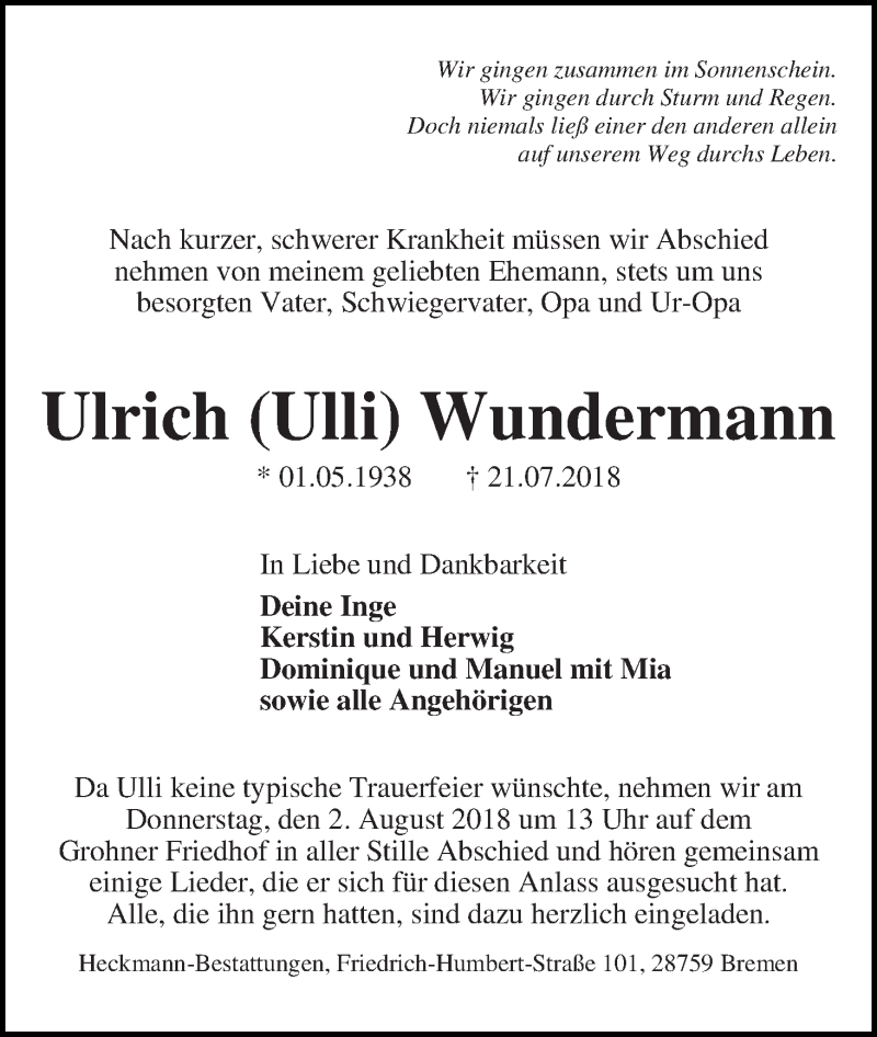 Traueranzeige von Ulrich (Ulli) Wundermann von Die Norddeutsche