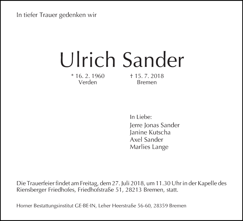 Traueranzeige von Ulrich Sander von WESER-KURIER