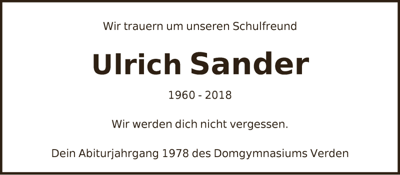 Traueranzeige von Ulrich Sander von WESER-KURIER