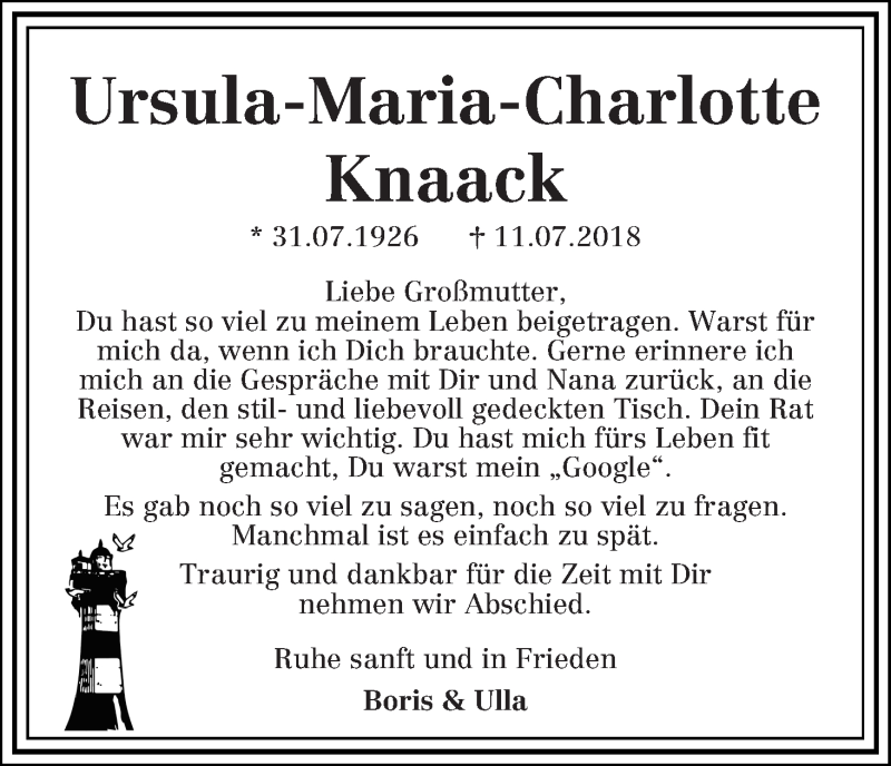 Traueranzeige von Ursula-Maria-Charlotte Knaack von WESER-KURIER